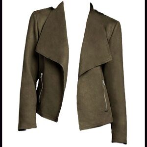 BRAND NEW Faux Suede Jacket Fashion Open Front Cropped Coat Olive Army Green